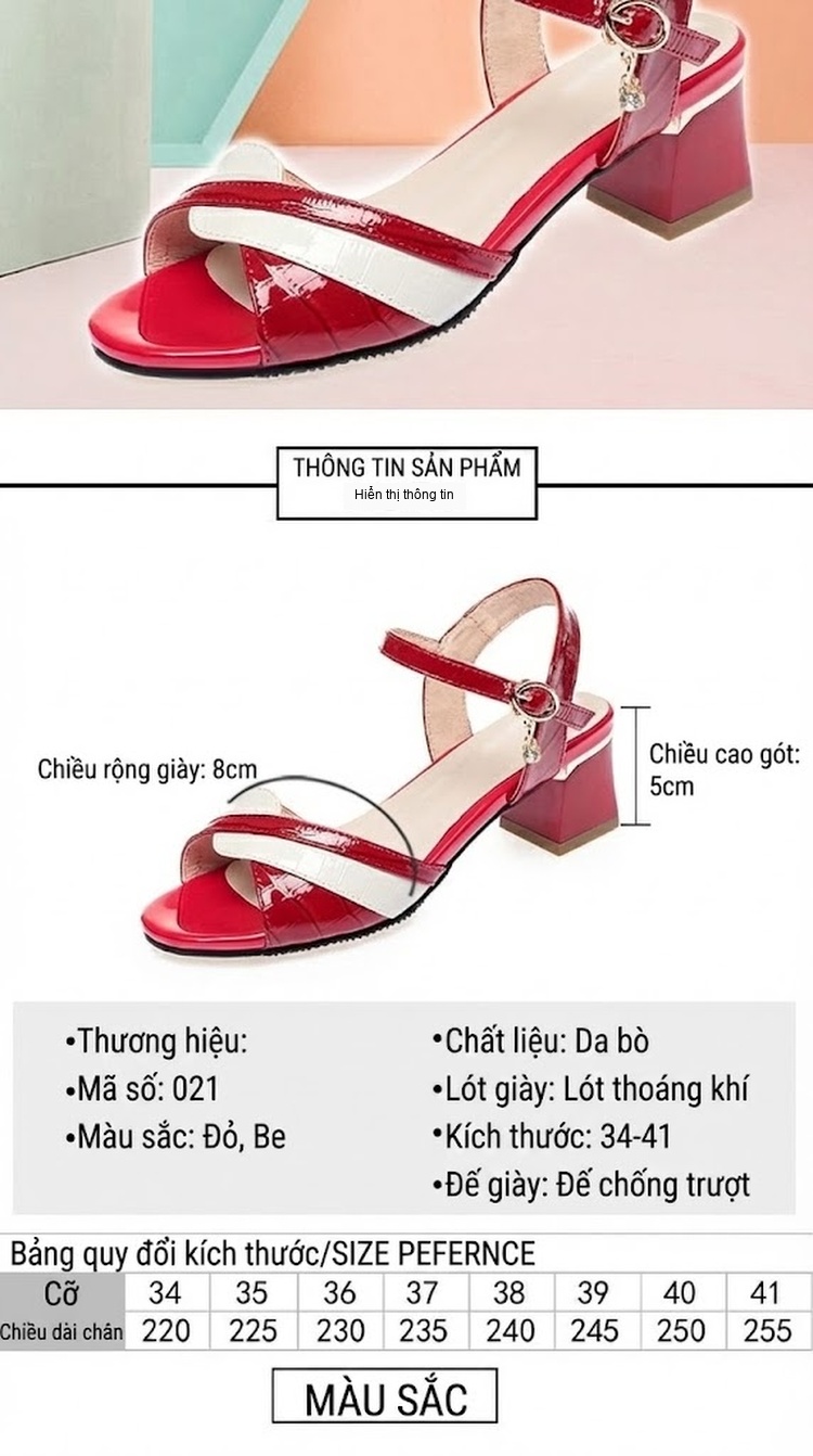 Giày Sandal Cao Gót Nữ Quai Ngang Phối Màu Da Bóng Gót Cao 7cm - 8cm Màu Đỏ, Trắng, Đen chi tiết 2