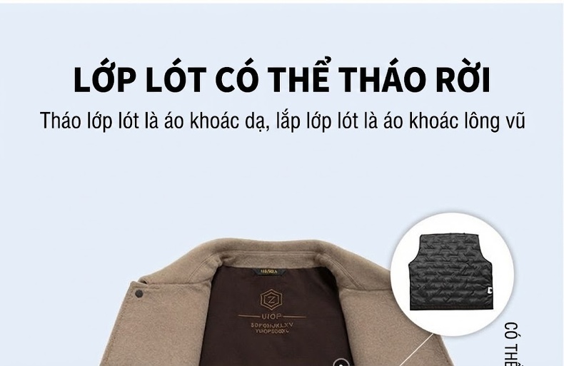 Áo Khoác Dạ Nam Trung Niên Lót Lông Có Thể Tháo Rời Màu Be chi tiết 9