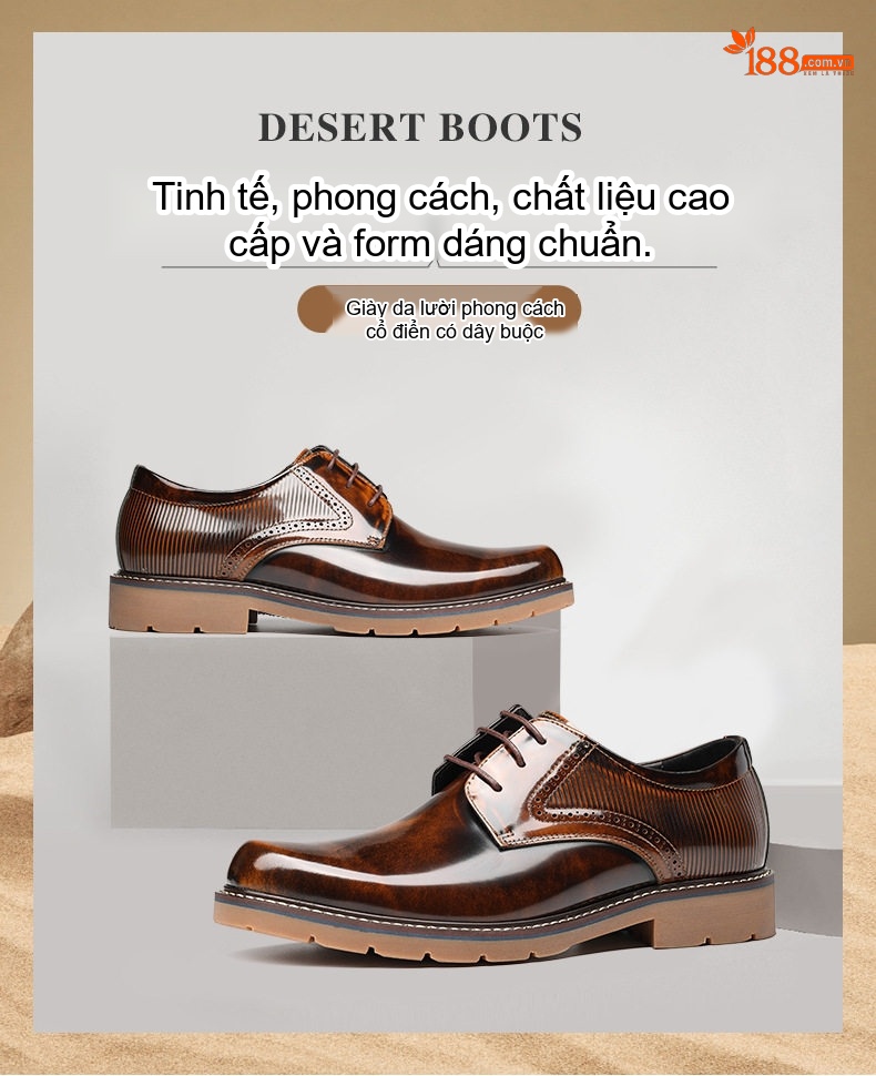 Giày Tây Buộc Dây Nam Da Bò Chiều Cao Đế Khoảng 3cm Màu Nâu Đậm, Đen chi tiết 12