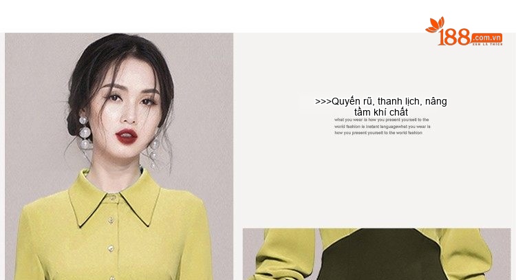 Váy liền thân Nữ Dáng Ôm Cổ Bẻ Tay Dài Xẻ Tà Màu Xanh Lá, Xanh Olive chi tiết 2