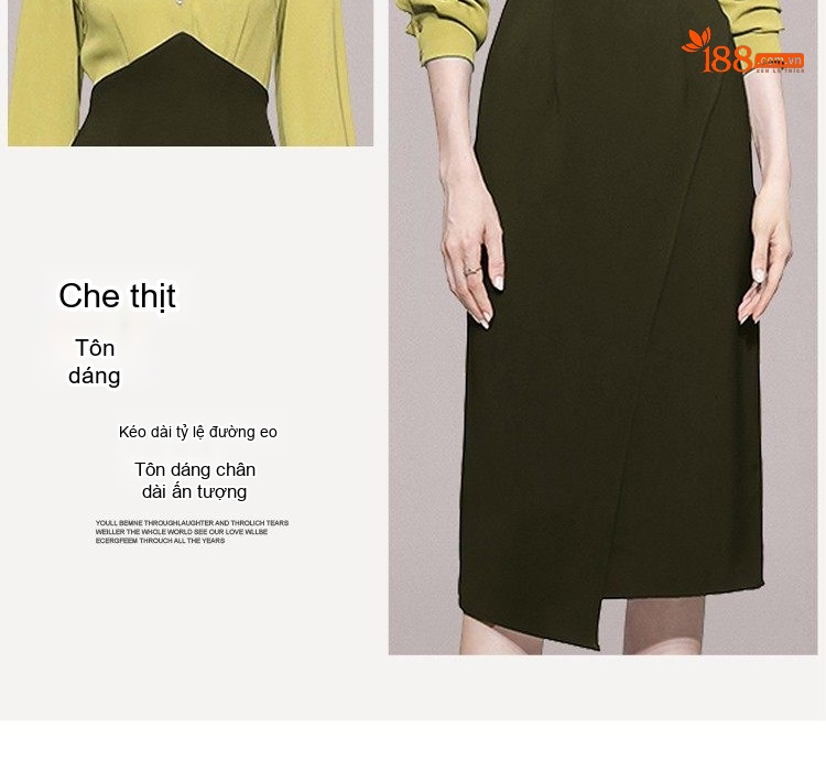 Váy liền thân Nữ Dáng Ôm Cổ Bẻ Tay Dài Xẻ Tà Màu Xanh Lá, Xanh Olive chi tiết 3