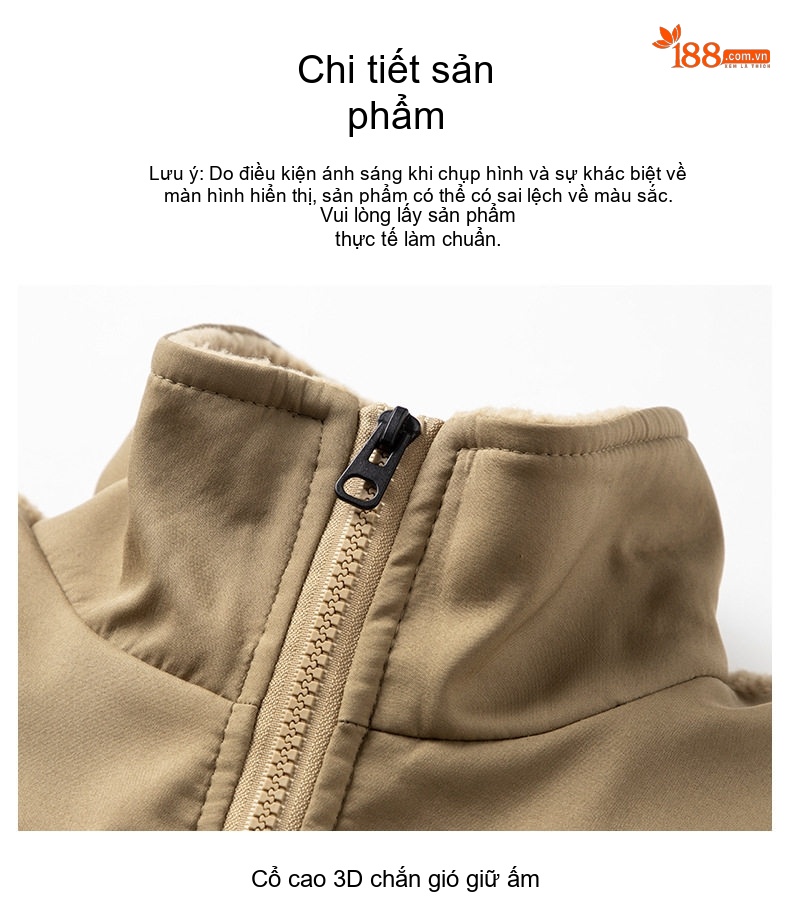 Áo Khoác Nam Cổ Trụ Lông Cừu Dáng Rộng Lót Bông Giữ Ấm Màu Đen, Xanh Olive, Kem chi tiết 12