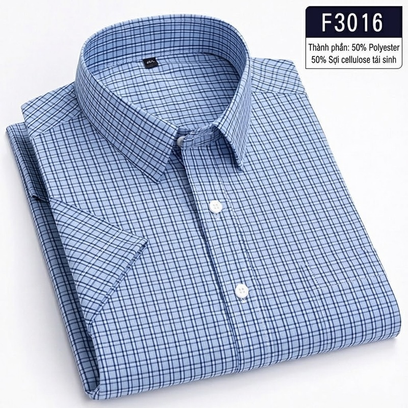 Áo Sơ Mi Nam Tay Ngắn Kẻ Caro 50% Sợi Polyester, 50% Sợi Cellulose Tái Sinh Màu Xanh Dương, Cam, Xanh Lá, Xám...