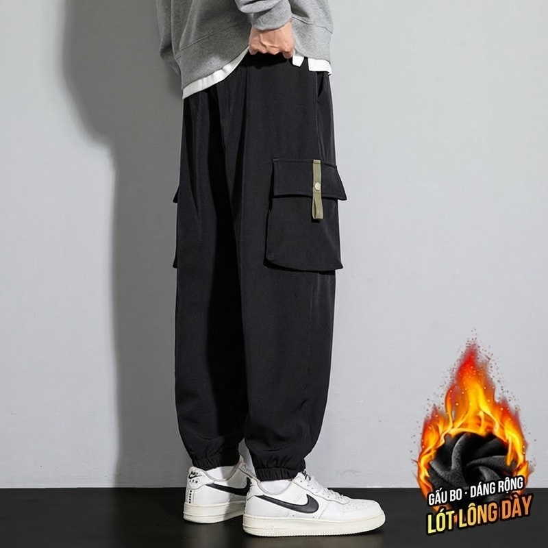 Quần Jogger Nam Ống Bo Chun Túi Hộp Lót Lông Dày Dặn Phong Cách Thể Thao
