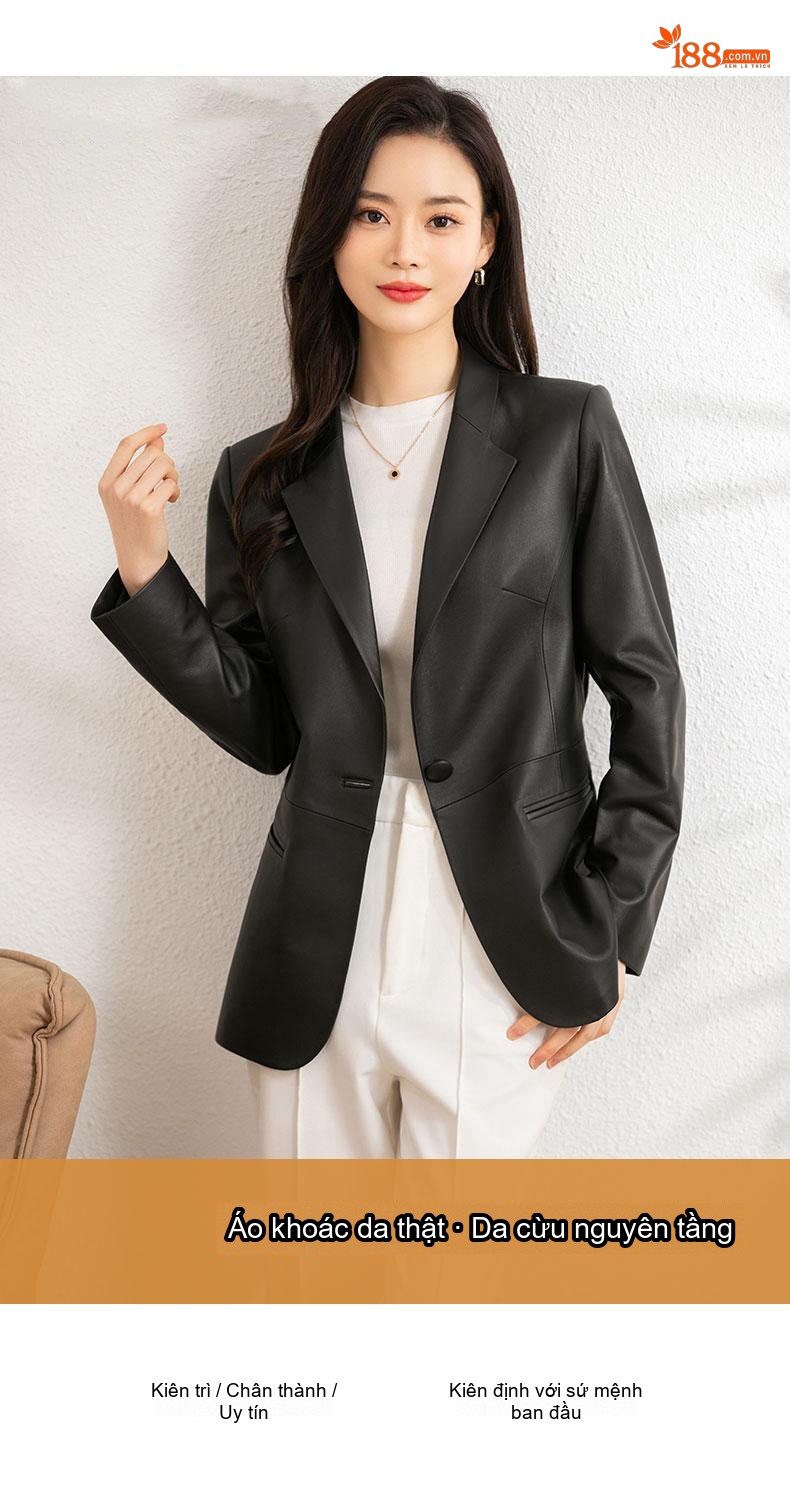 Áo Khoác Blazer Nữ Da Cừu Thật Dáng Ôm Thanh Lịch Màu Đen chi tiết 1