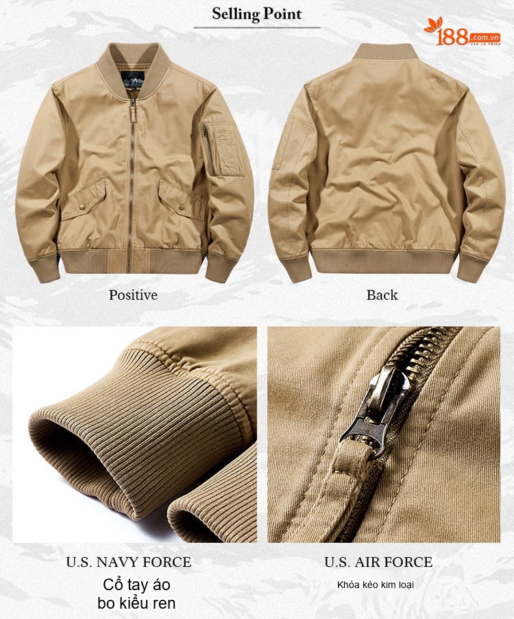 Áo Khoác Bomber Nam Vải Cotton Giặt Nước Cổ Bóng Chày Màu Xanh Olive, Đen, Xanh Navy, Be chi tiết 14