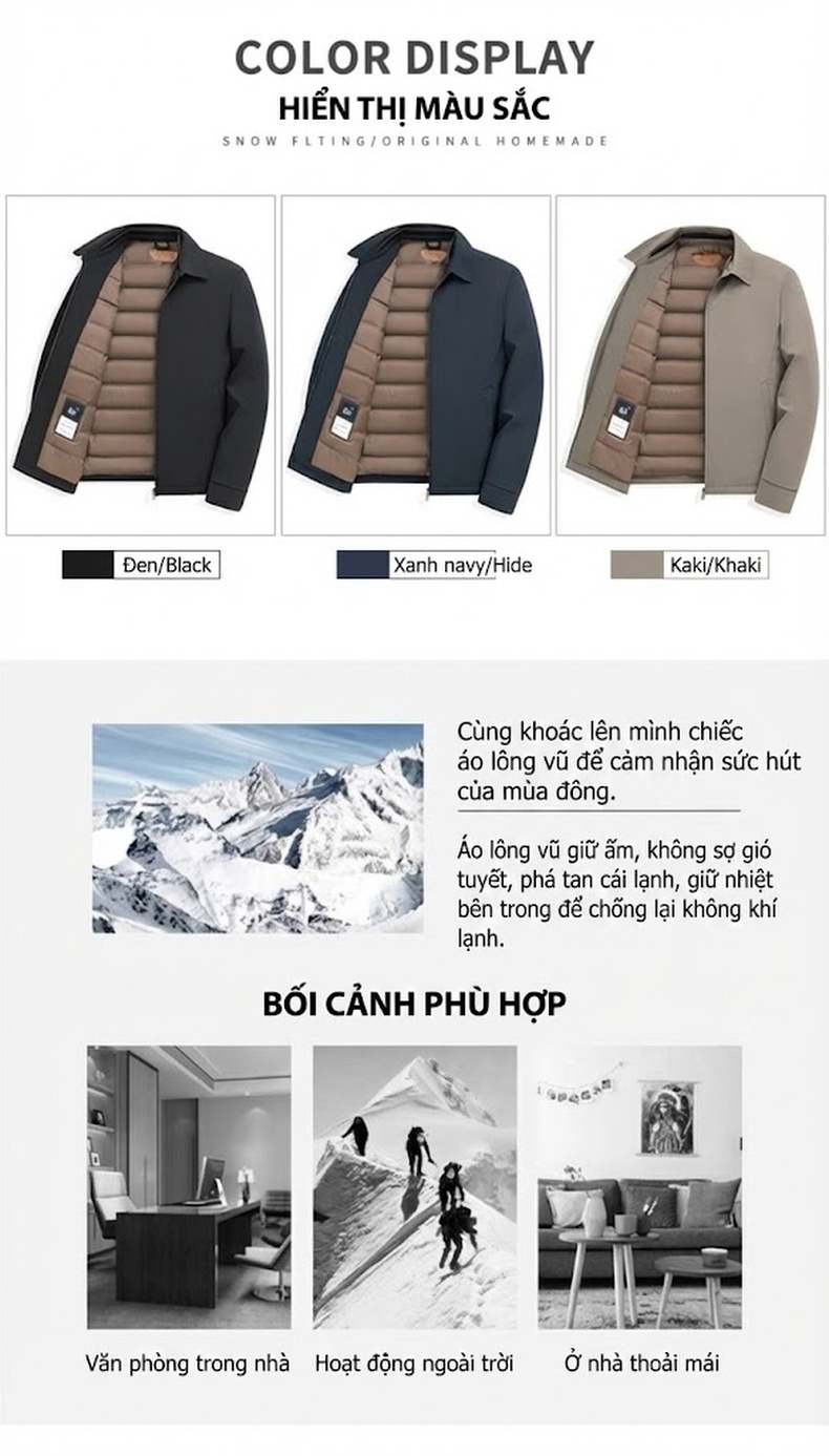 Áo Khoác Phao Nam Lông Vũ 90% Mới Giữ Ấm Phong Cách Doanh Nhân Màu Xanh Navy, Đen, Xám chi tiết 13