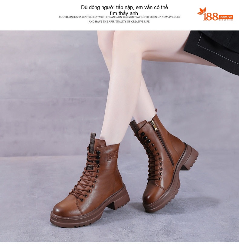 Boot Nữ Da Bò Cổ Ngắn Dây Buộc Chiều Cao Đế Khoảng 5cm Màu Nâu, Đen chi tiết 10