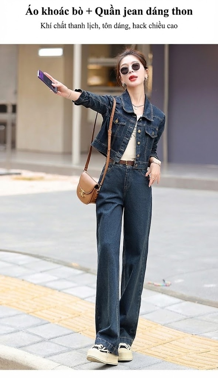 Set Bộ Quần Áo Nữ Jean/Denim Áo Khoác Lửng Quần Ống Rộng Phong Cách Hàn Quốc Màu Xanh Navy chi tiết 8
