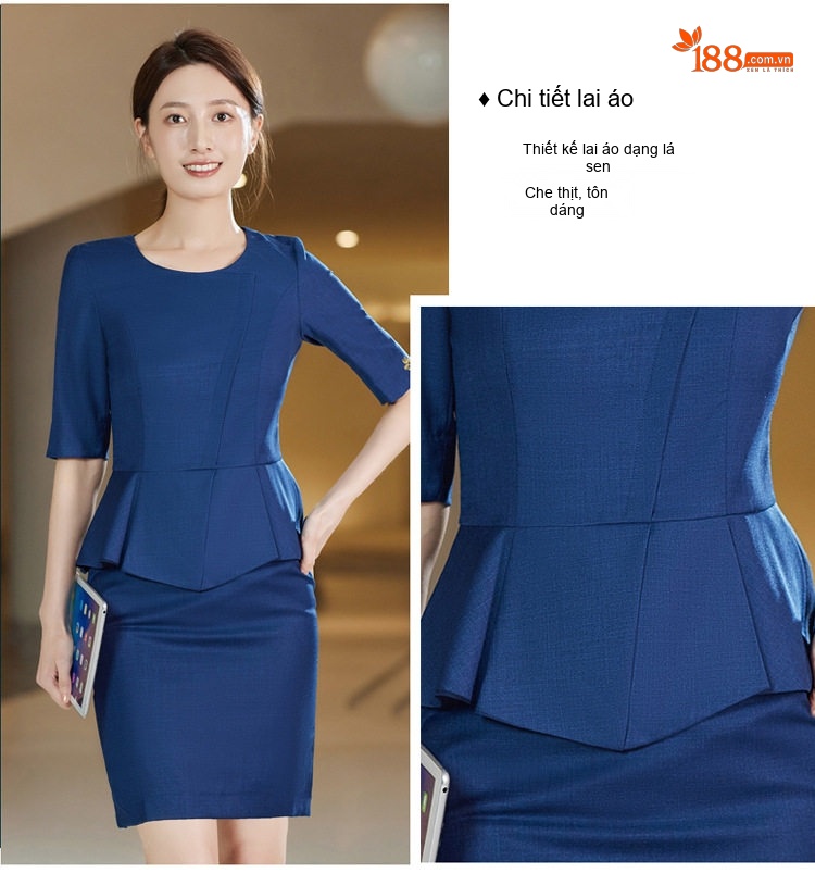 Bộ Quần Áo Công Sở Nữ Tay Ngắn Cổ chữ Vest Phong Cách Lao Feng Xiang Màu Xanh Navy chi tiết 4