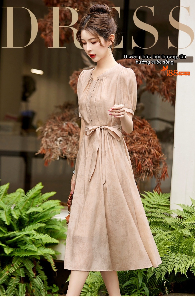 Váy Midi Nữ Cổ Điển Thắt Eo Tay Ngắn Màu Be, Xanh chi tiết 1
