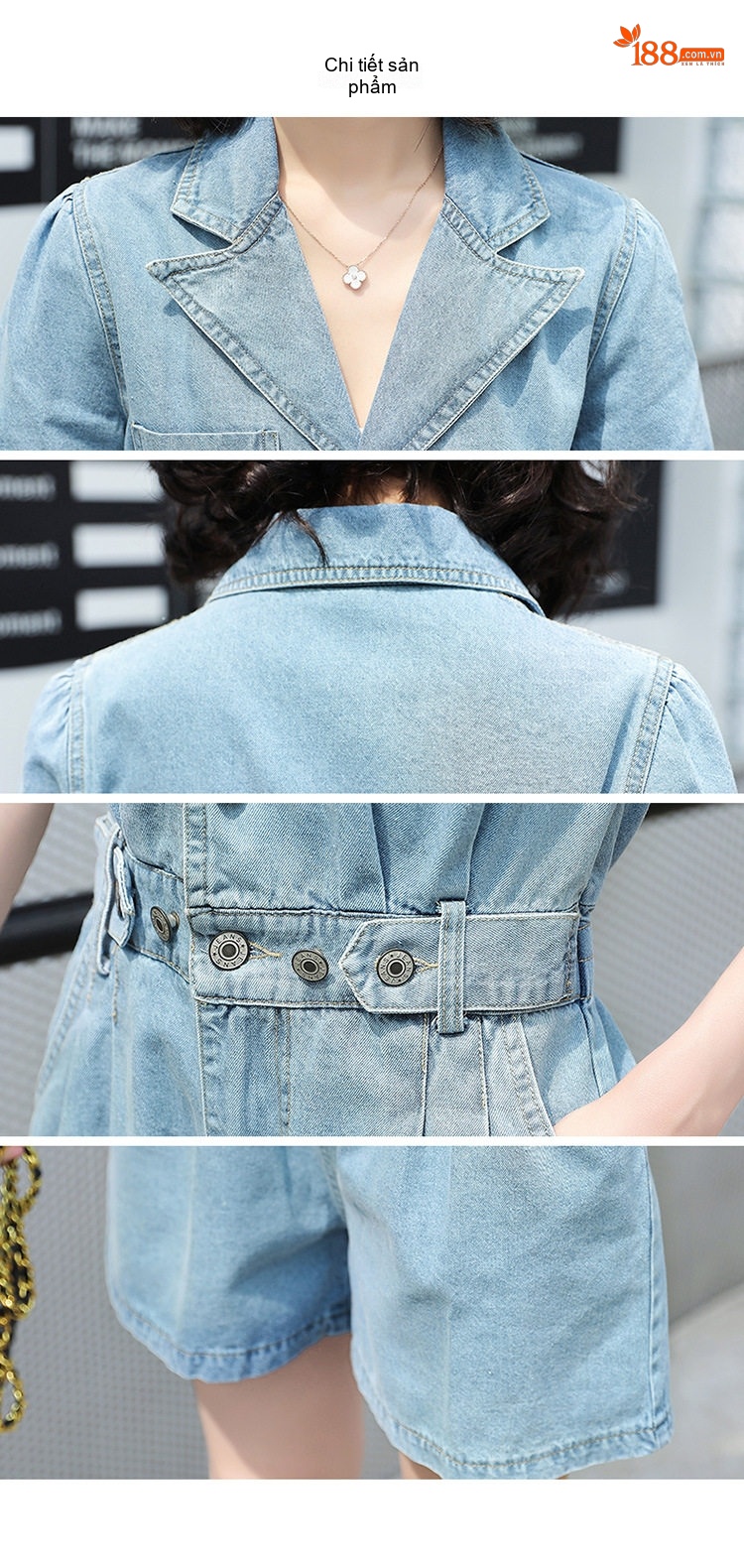 Jumpsuit Quần Short Nữ Jean Cotton Tay Ngắn Cổ chữ Vest Dáng Ôm Phong Cách Hàn Quốc Màu Xanh chi tiết 13
