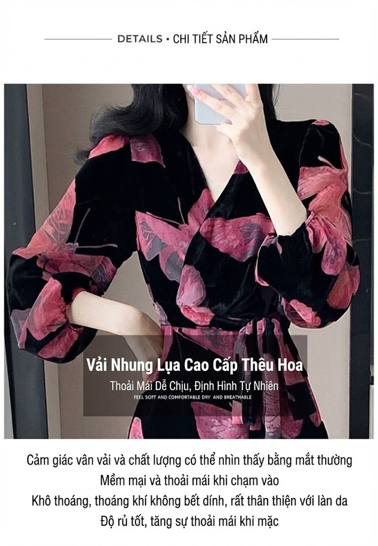 Váy liền thân Nữ Chất Nhung Tay Dài In Hoa Phong Cách Pháp Thu Đông Màu Đen chi tiết 4