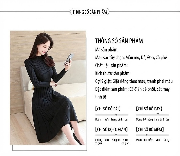 Váy liền thân Nữ Dệt Kim Cổ Lọ Tay Dài Dáng Xòe Màu Đen, Đỏ, Nâu, Trắng chi tiết 6