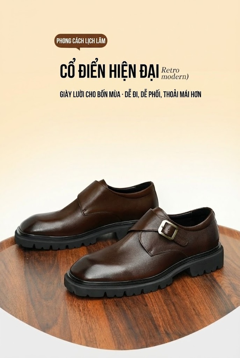 Giày Monkstrap Khóa Cài Nam Da Thật Chiều Cao Đế Khoảng 4cm Màu Đen, Nâu chi tiết 1