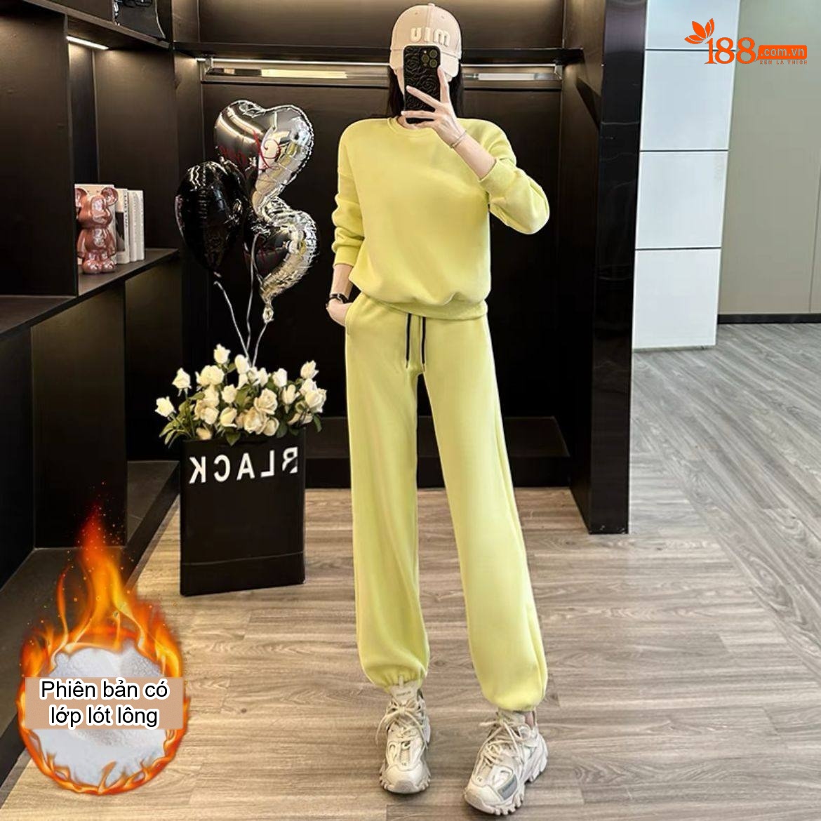 Bộ đồ nữ mùa đông cổ tròn phong cách Hàn Quốc dệt kim lót lông dày dặn