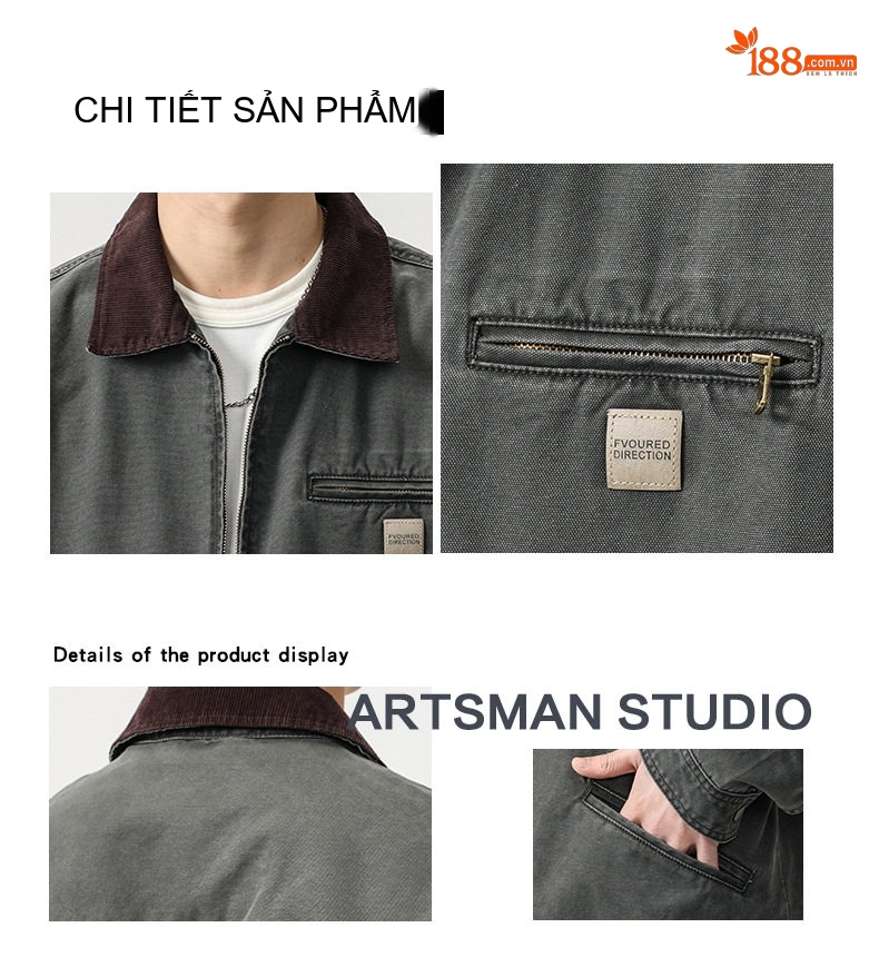 Áo Khoác Bomber Nam Vải Canvas Cổ Lã Ve Màu Xám chi tiết 4