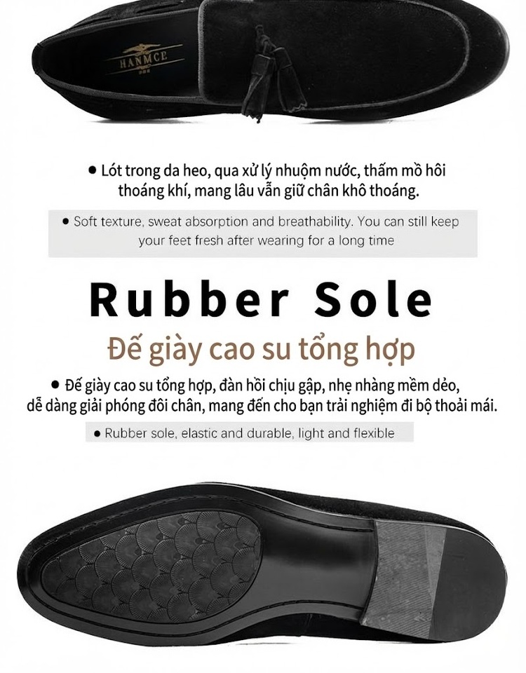 Giày Lười Nam Da Bò Lộn Chiều Cao Đế Khoảng 2cm Màu Đen, Nâu chi tiết 5