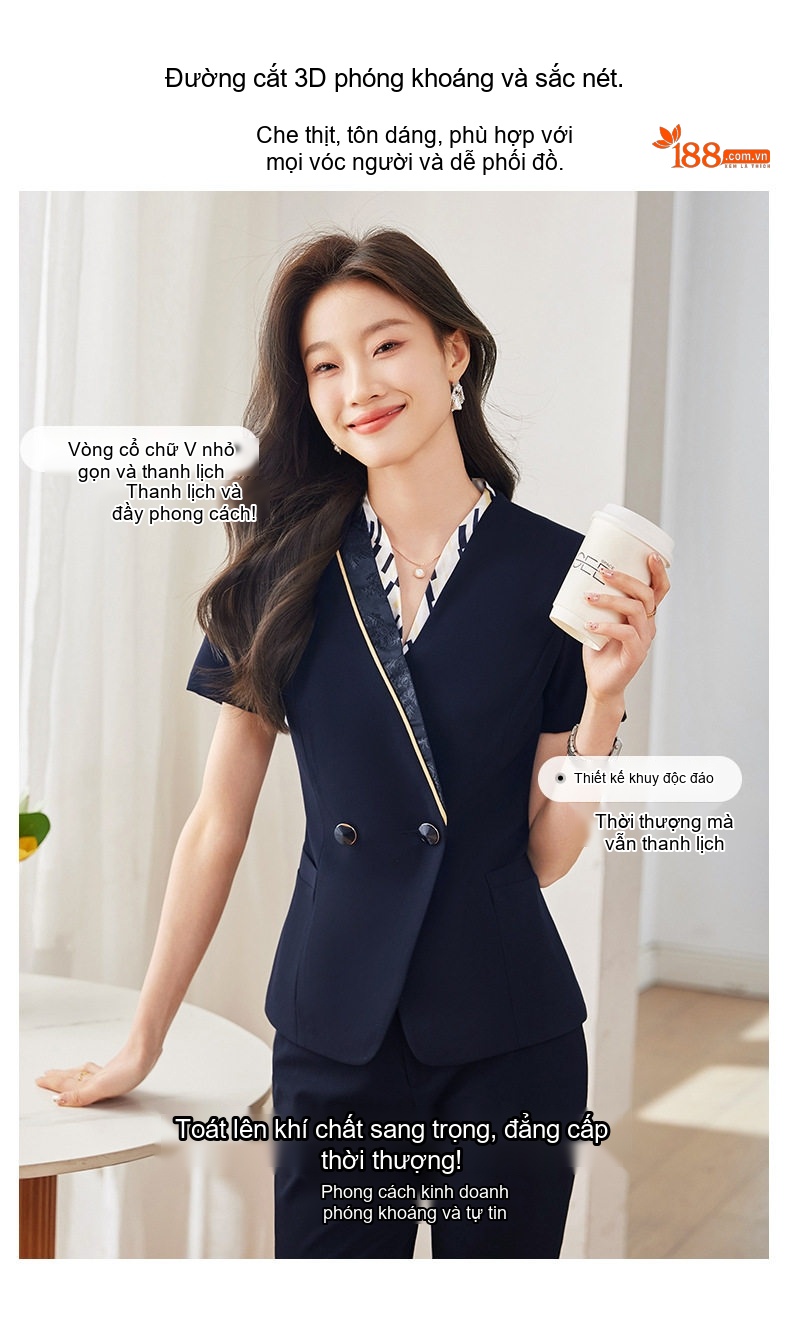 Bộ Vest Nữ Tay Ngắn Mỏng Mùa Hè Phong Cách Công Sở Thanh Lịch Màu Đen, Xanh Than chi tiết 5