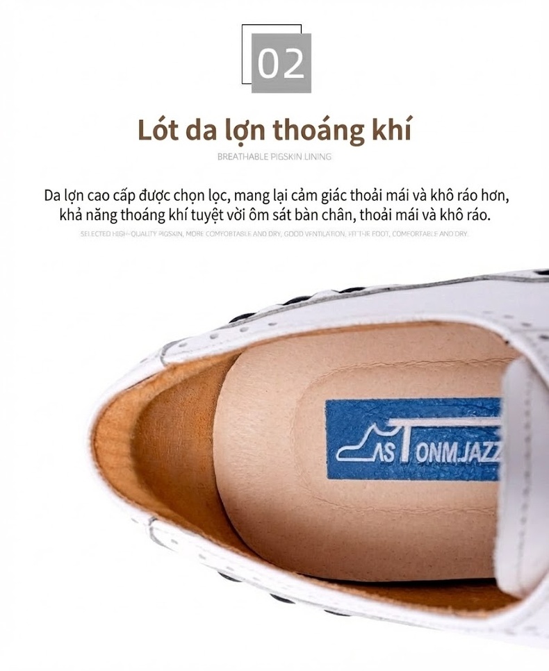 Giày Tây Buộc Dây Nam Da Bóng Brogue Chiều Cao Đế Khoảng 3cm Màu Trắng chi tiết 4
