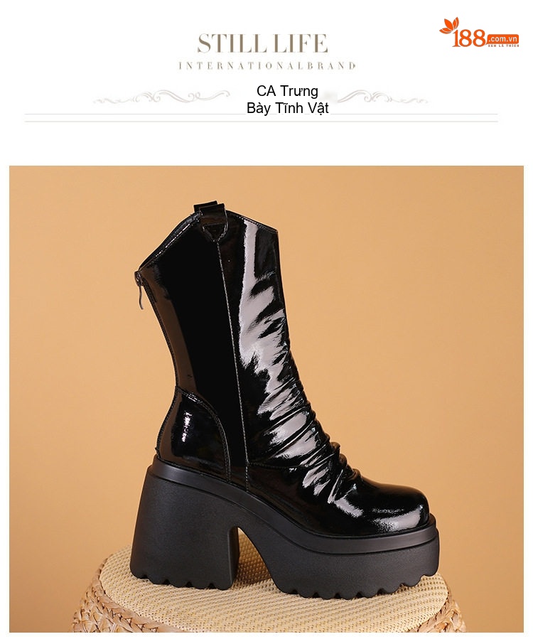 Boot Nữ Cổ Lửng Da Bóng Đế Xuồng Chiều Cao Đế Khoảng 10cm Màu Đen chi tiết 10