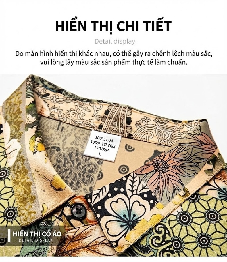 Áo Sơ Mi Nam Tay Ngắn Lụa Tằm Cao Cấp Họa Tiết In Hoa Phong Cách Doanh Nhân Trung Niên Màu Vàng, Xanh Lá chi tiết 14