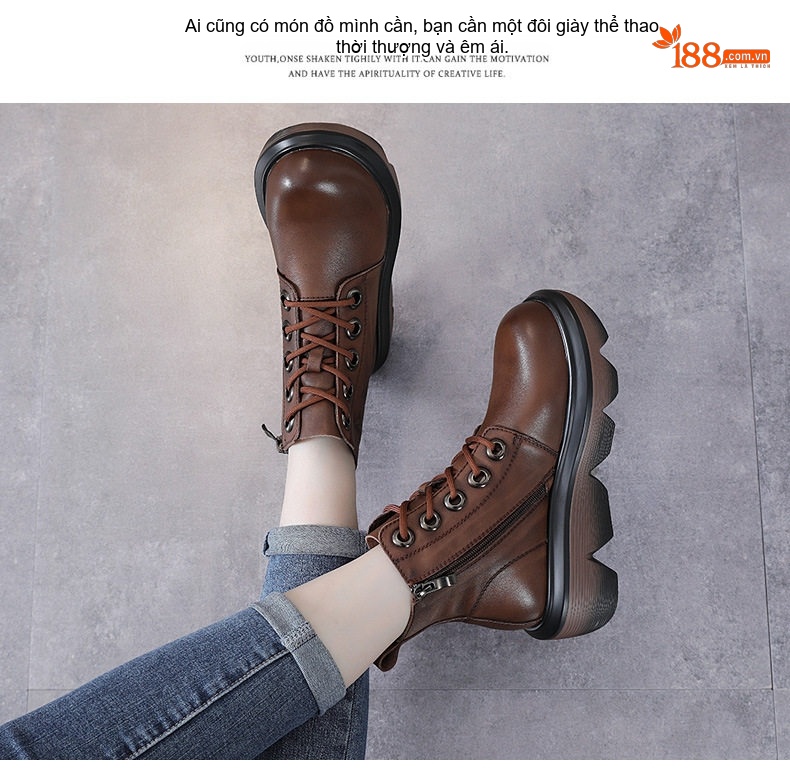 Boot Nữ Da Bò Cổ Cao Phong Cách Anh Quốc Chiều Cao Đế Khoảng 5cm Màu Nâu, Đen chi tiết 12