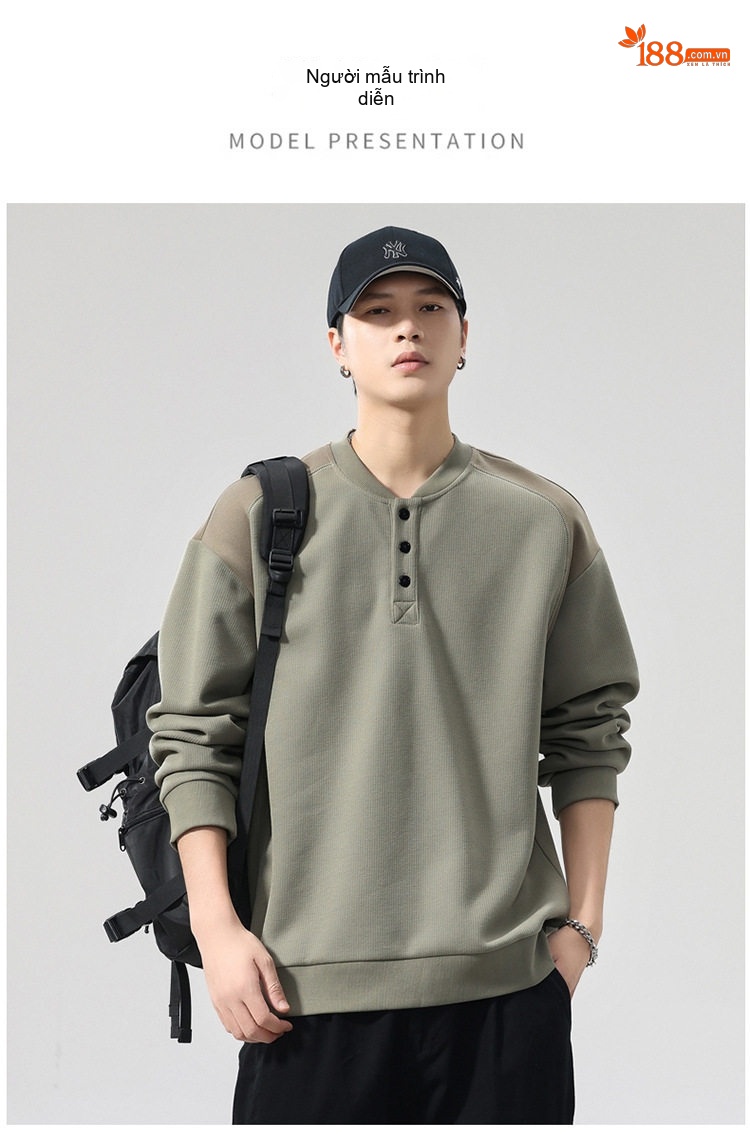 Áo Sweatshirt Tay Dài Cổ Henley Phong Cách Retro Mỹ Form Rộng Màu Đen, Xanh Olive, Đỏ Tía chi tiết 10