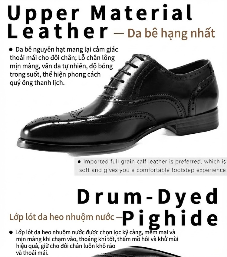 Giày Oxford Brogue Nam Da Bò Chiều Cao Đế Khoảng 3cm Màu Đen, Nâu chi tiết 4