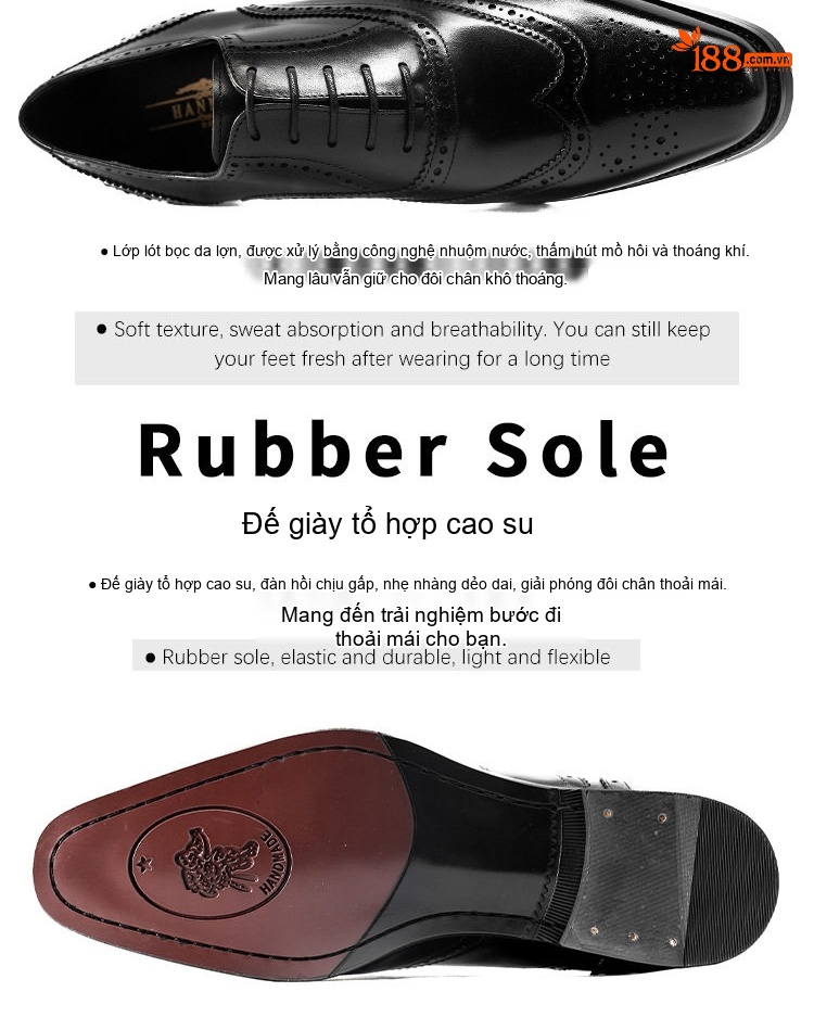 Giày Oxford Brogue Nam Da Bò Chiều Cao Đế Khoảng 3cm Màu Đen, Nâu chi tiết 5