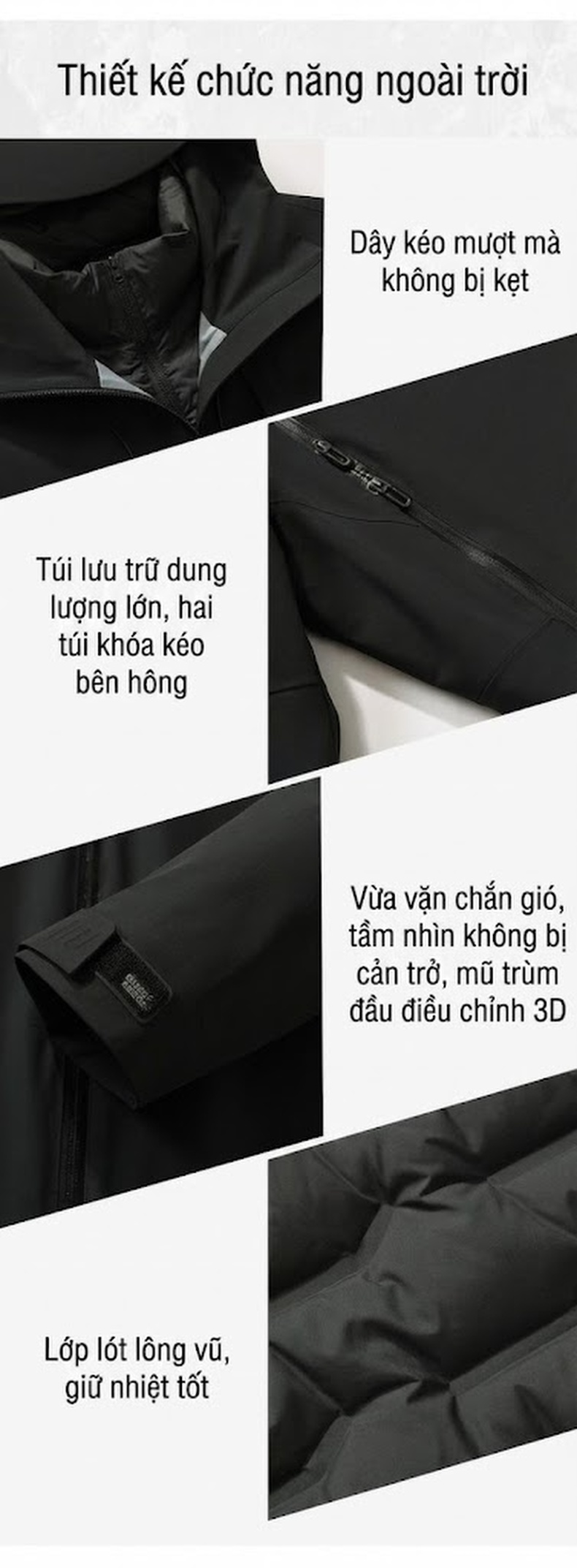 Áo khoác phao nam lông vũ 3 trong 1 có mũ trùm đầu chống gió giữ ấm chi tiết 11