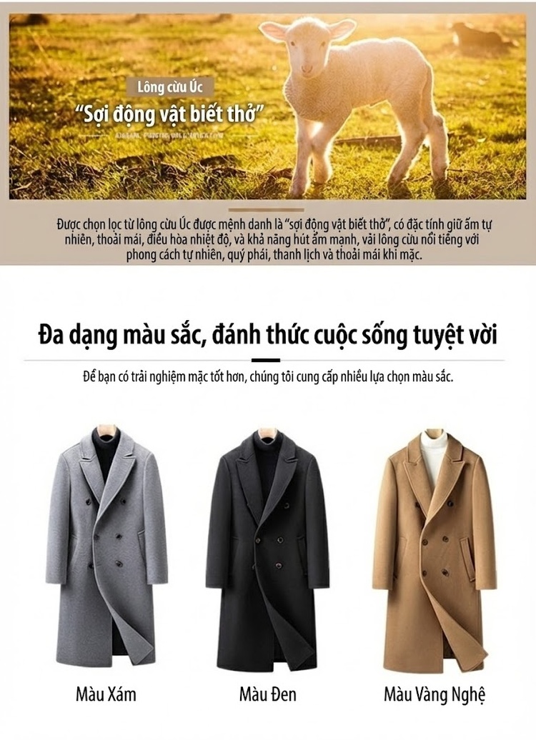 Áo Khoác Dạ Nam Dáng Dài Cổ chữ Vest Hai Hàng Khuy Dày Dặn Màu Nâu, Đen, Xám... chi tiết 5