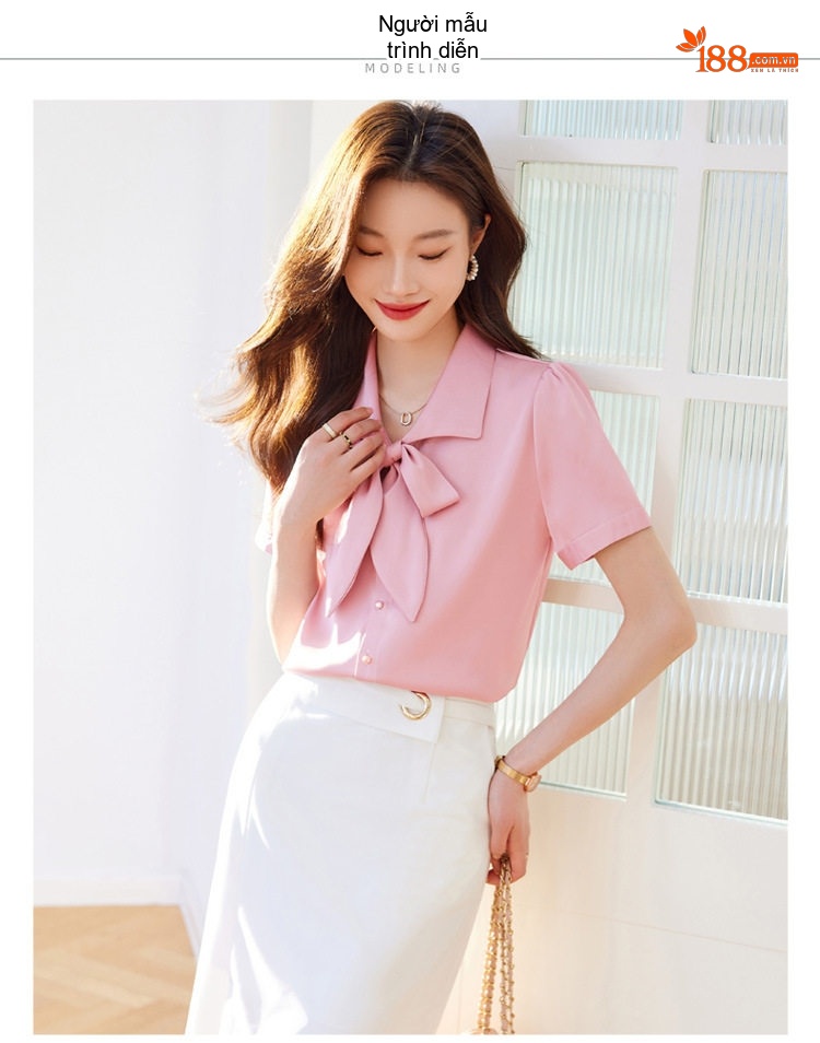 Áo Sơ Mi Tay Ngắn Nữ Cổ Nơ Chất Liệu Tuyết Chiffon Màu Hồng, Trắng chi tiết 11