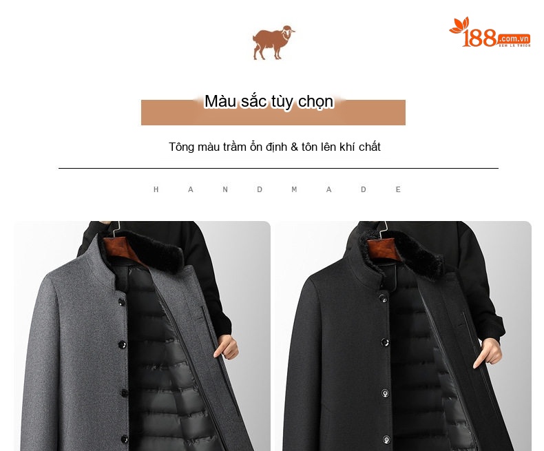 Áo Khoác Dạ Nam Lót Lông Vũ Dày Dặn Tháo Rời Màu Đen, Xám chi tiết 13