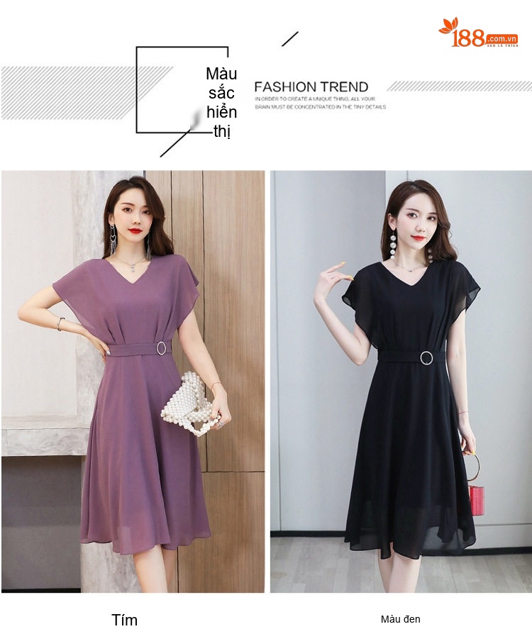 Váy Liền Thân Nữ Cổ chữ V Tay Ngắn Thanh Lịch Màu Đen, Tím, Hồng chi tiết 15