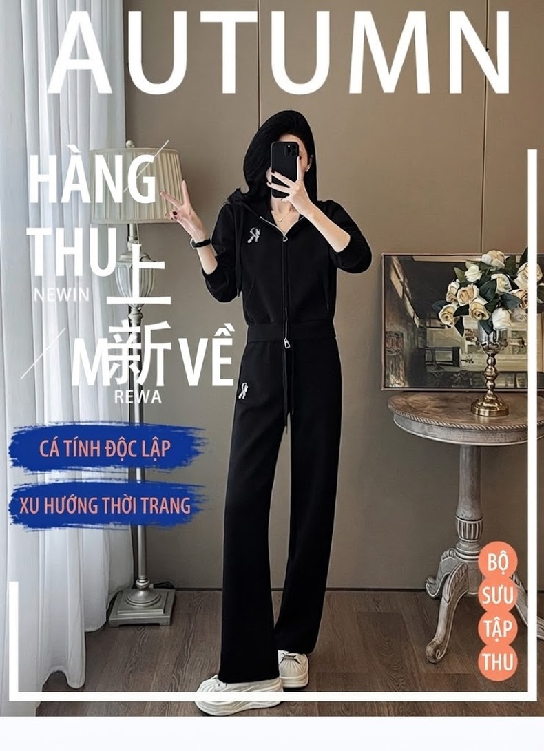 Bộ đồ thể thao nữ dáng rộng quần ống rộng có mũ trùm đầu chi tiết 1
