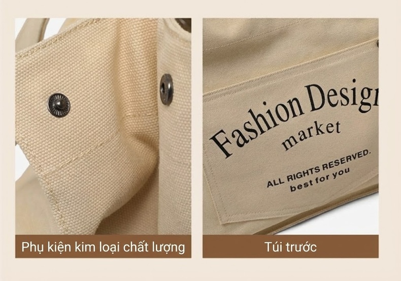 Túi Tote Nữ Vải Canvas Đựng Vừa A4 Đa Năng Phong Cách Hàn Quốc Màu Be chi tiết 5