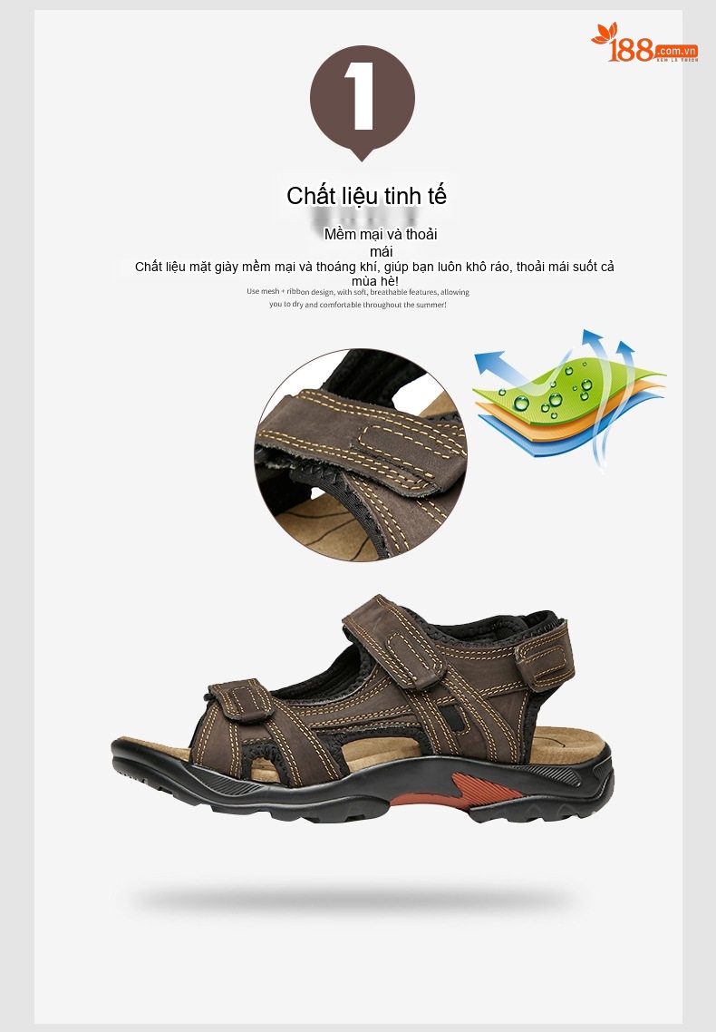 Dép Sandal Nam Da Thật Hở Ngón Thoáng Khí Chống Mòn Chiều Cao Đế Khoảng 3cm Màu Nâu, Be chi tiết 3