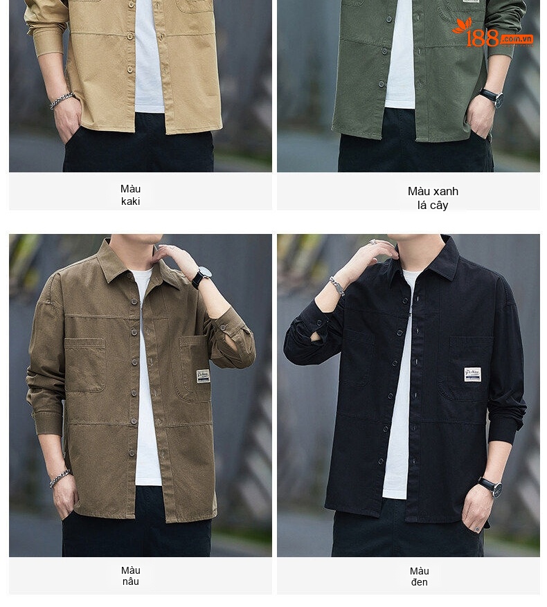 Áo Sơ Mi Tay Dài Nam Cotton Dáng Rộng Phong Cách Công Sở Màu Nâu, Xanh Rêu, Be, Đen chi tiết 8