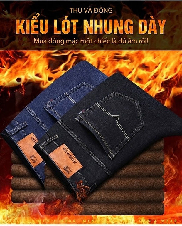 Quần Jean Nam Dáng Suông Lót Lông Dày Dặn Co Giãn Màu Xanh chi tiết 4
