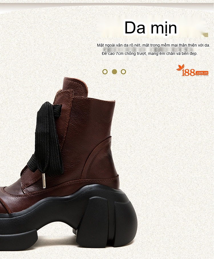 Boot Nữ Da Bò Cổ Cao Thắt Dây Phong Cách Âu Mỹ Chiều Cao Đế Khoảng 6cm Màu Đen, Nâu chi tiết 3