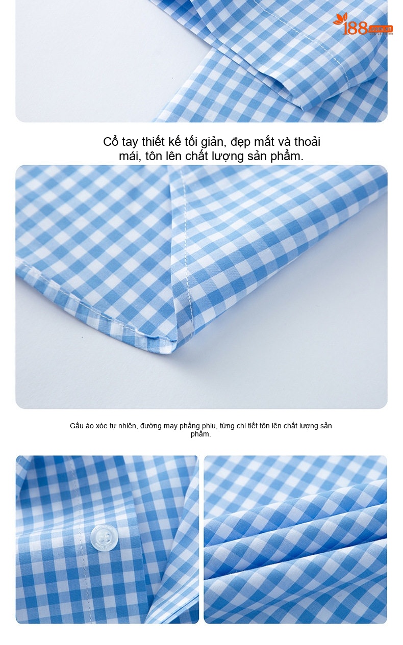 Áo Sơ Mi Nam Tay Ngắn Cotton Họa Tiết Caro Thời Trang Màu Xanh, Đỏ, Đen chi tiết 12