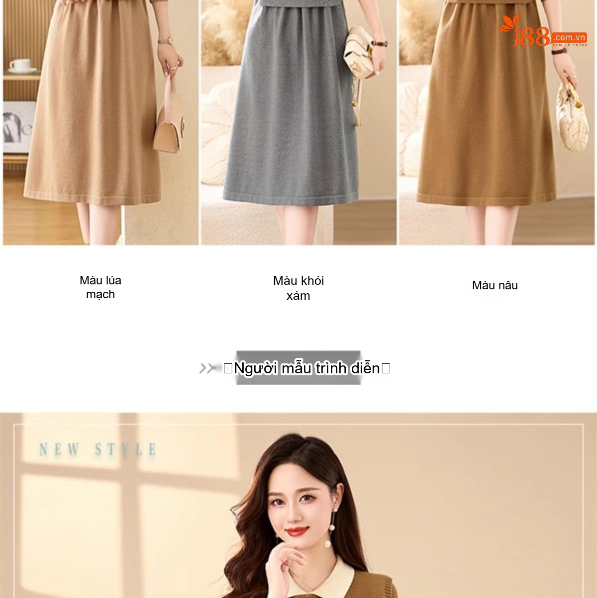 Set Bộ Dệt Kim Áo Và Chân Váy Dáng Dài Thêu Họa Tiết Phong Cách Thời Trang Màu Nâu, Xám chi tiết 2