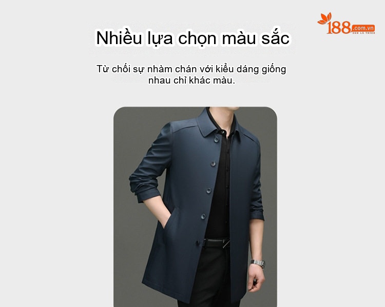 Áo Khoác Gió Nam Trung Niên Dáng Dài Vừa Cổ Bẻ Màu Đen, Xám, Xanh Navy chi tiết 8