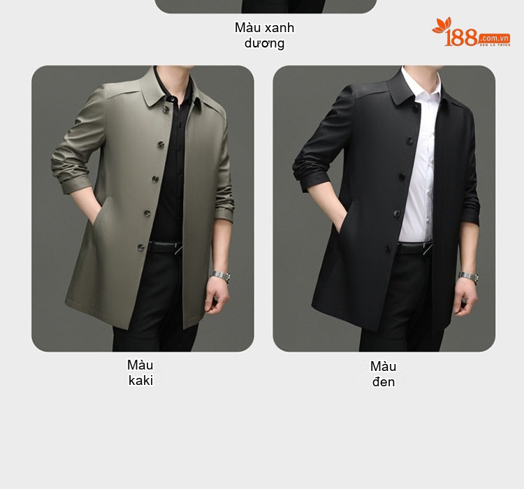 Áo Khoác Gió Nam Trung Niên Dáng Dài Vừa Cổ Bẻ Màu Đen, Xám, Xanh Navy chi tiết 9