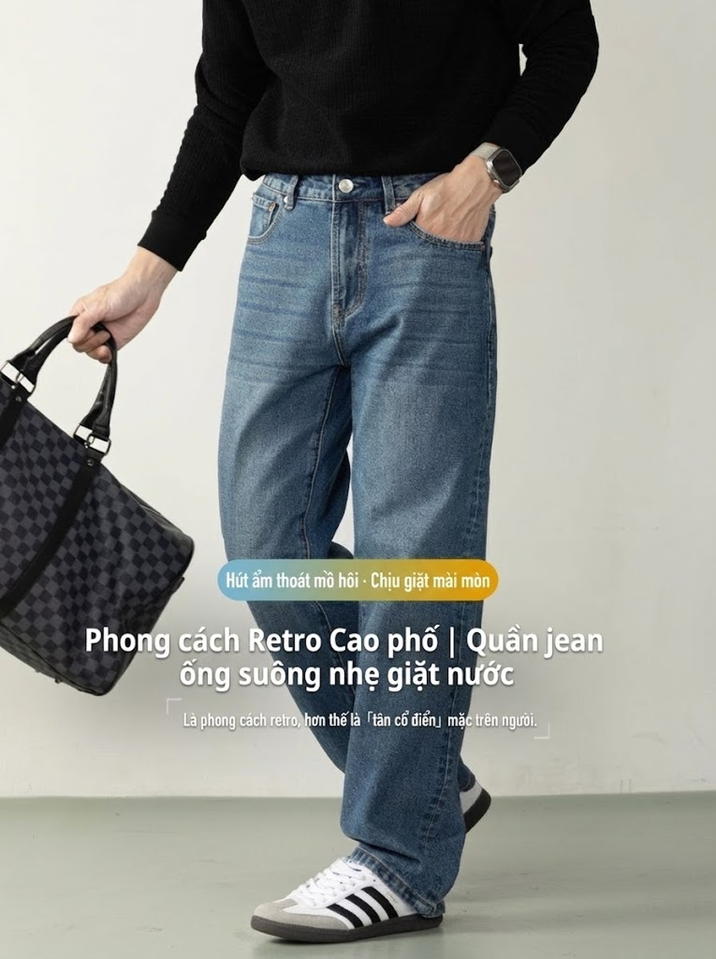 Quần Jean Nam Dáng Rộng Vừa Phải Phong Cách Retro Đường Phố Chất Vải Denim Xanh Dương