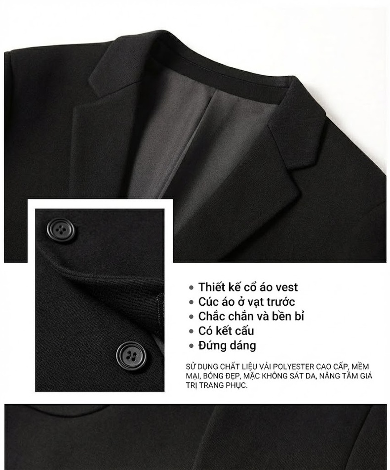 Áo Vest/Blazer Nam Vải Dệt Kiểu Slimfit Màu Đen chi tiết 5