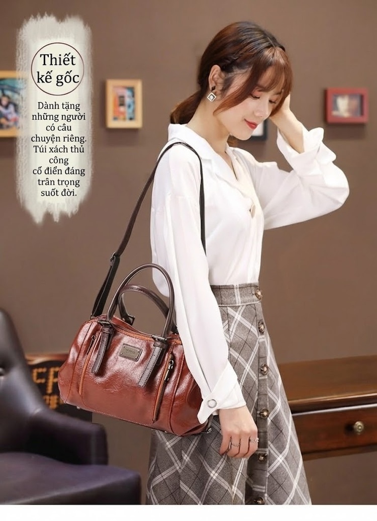 Túi Xách Nữ Da Bóng Vintage Đeo Vai, Đeo Chéo, Xách Tay Nhiều Ngăn Màu Nâu, Đen, Xanh Rêu, Đỏ... chi tiết 2