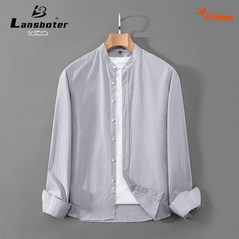 Áo Sơ Mi Nam Tay Dài Cotton Kẻ Sọc Cổ Trụ Form Slimfit Màu Xanh Dương, Trắng, Xám, Xanh...