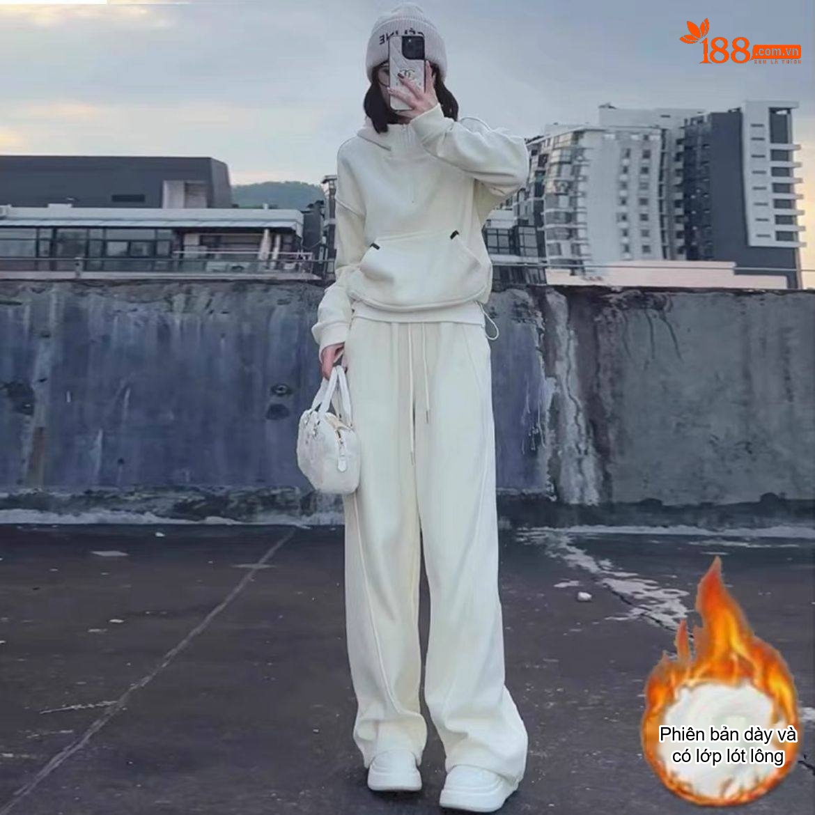 Bộ Đồ Nữ Áo Hoodie và Quần Dài Thể Thao Có Lót Lông